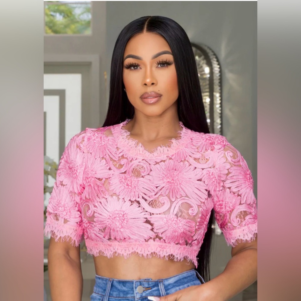 REVOLVE Pink Floral Lace Crop Top